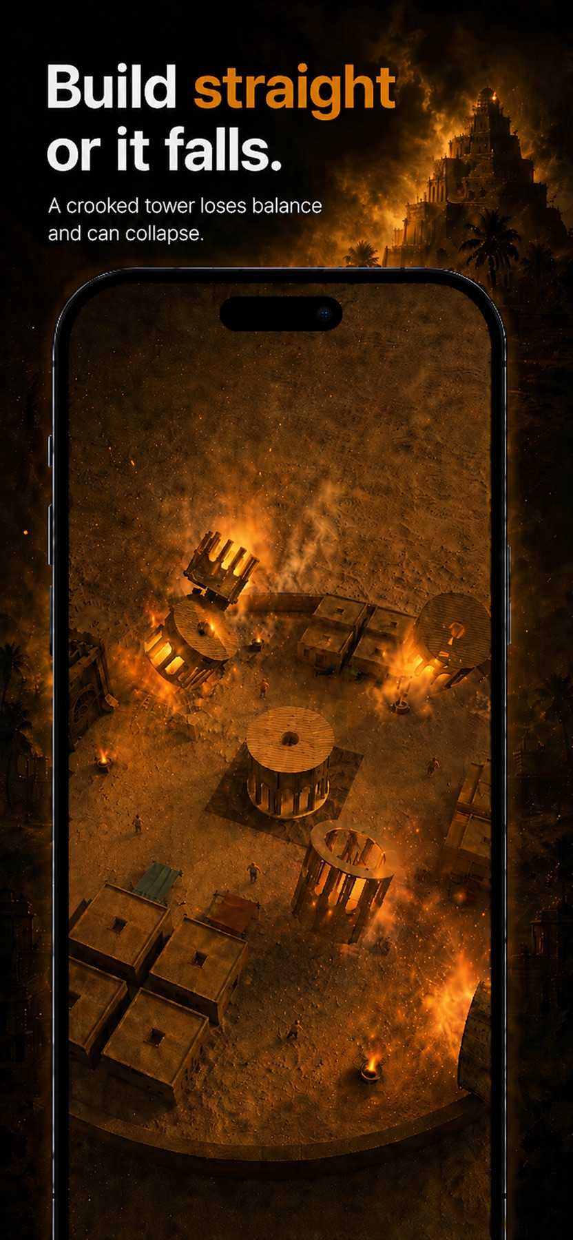 A Tower of Babel construction collapsing after being built off balance