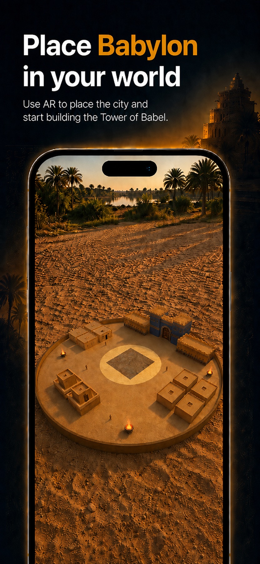 Augmented reality preview showing Babylon placed in the player's world