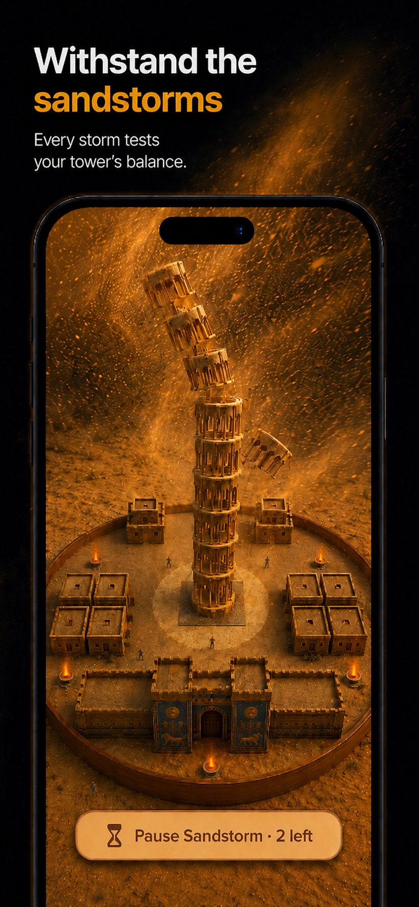 The Tower of Babel leaning during a powerful sandstorm