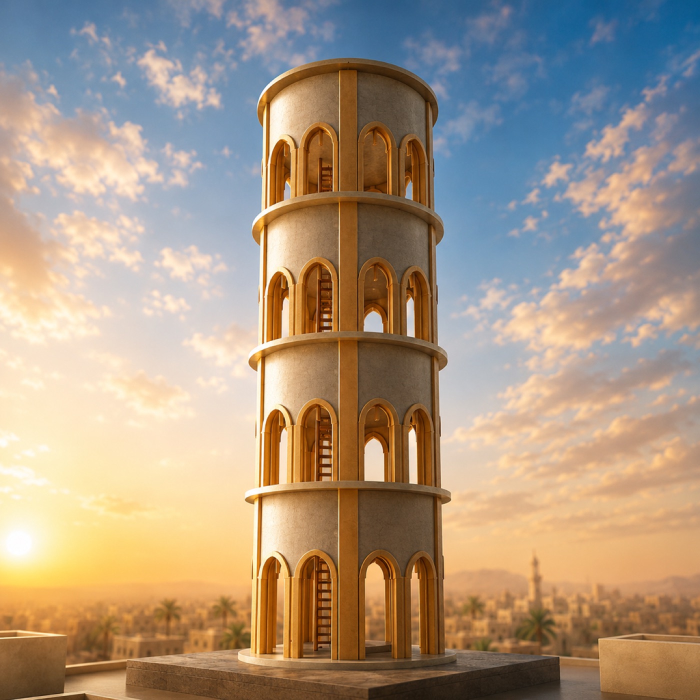 The Tower of Babel rising above an ancient city